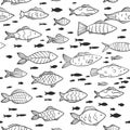 Seamless pattern with funny fish. small and big fish on white background.